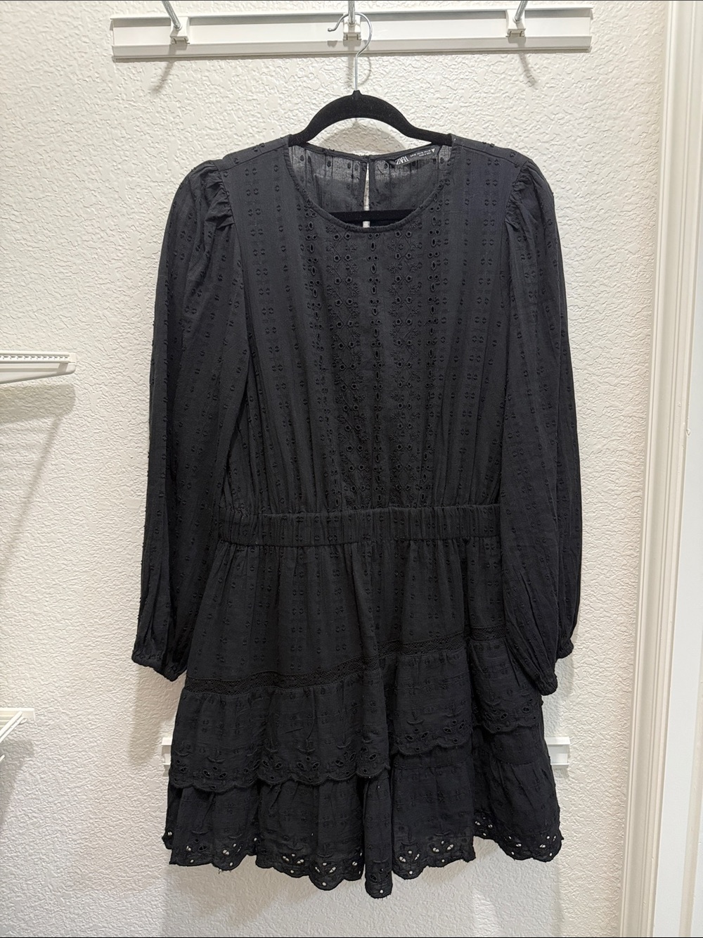 Zara Black Long-Sleeve Eyelet Tiered Mini Dress